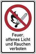 Verbotsschild, Feuer, offenes Licht und Rauchen verboten, Alu gelocht, 300x200 mm