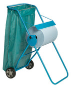Bodenständer für Putztuchrollen bis 400 mm Breite, mit Abfallsackhalterung, Metall, blau, BxTxH 720x540x1030 mm