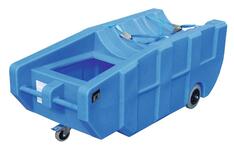 Fahrbarre Polyethylen-Auffangwanne, BxTxH 740x1600x640 mm, blau, Lagerung u.Transport 200-l-Fass, Auffangvolumen 230 l, Gewicht 44 kg, Traglast 300 kg
