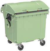 Kunststoff-Müllgroßbehälter, Volumen 1100 l, fahrbar, Farbe grün, mit Kindersicherung, BxTxH 1370x1100/1250x1470 mm, Einzelradstopp