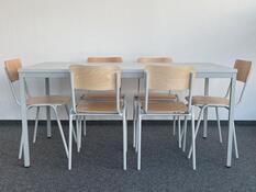 Tisch-Stuhl-Set, bestehend aus 6 Stapelstühlen und 1 Tisch 1600 mm breit, Gestell lichtgrau, Sitz/Rücken Buche, Tischplatte Lichtgrau