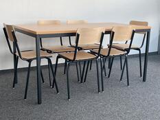 Tisch-Stuhl-Set, bestehend aus 6 Stapelstühlen und 1 Tisch 1600 mm breit, Gestell schwarz, Sitz/Rücken Buche, Tischplatte buche