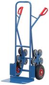 Stahlrohr-Treppenkarre, Schaufel-BxT 480x300 mm, HxB 1300x590 mm, Traglast 200 kg, 2 Räder Luftbereifung + 2 fünfarmige Radsterne, RAL 5007 blau
