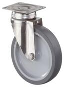 Edelstahl-Apparate-Lenkrolle, thermopl. Gummi grau, Durchm. 75 mm, Traglast 60 kg, Gleitlager, Anschraubplatte