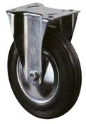 Transportgeräte-Bockrolle, Gummi schwarz, Durchm. 250 mm, Traglast 250 kg, Rollenlager, Anschraubplatte