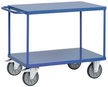 Tischwagen mit Stahlblechladeflächen, 2 Ladeflächen LxB 1000x700 mm, Außenmaße LxBxH 1197x709x900 mm, Traglast 600 kg, RAL 5007 brillantblau