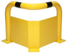 Eck-Rammschutz-Bügel, mit Unterfahrschutz, Rundrohr 76/3 mm, zum Aufdübeln, Innenbereich, Farbe gelb/schwarz, BxTxH 600x600x600 mm