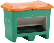 Streugutbehälter 200 l, Außenmaß BxTxH 890x600x690 mm, mit Entnahmeöffnung, mit Staplersockel, Korpus grün, Deckel orange