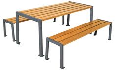 Sitzgruppe m. Tisch, 2 Bänke ohne Rückenlehnen, LxBxH 1820x798x750mm, Stahlrohr 40x60mm, verzinkt,grau, Sitz Eichenholz, Lasur hell, Montage: Bodenpl.