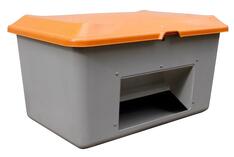 Streugutbehälter 1100 l, Außenmaß BxTxH 1630x1210 x1010 mm, mit Entnahmeöffnung, Korpus grau, Deckel orange