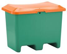 Streugutbehälter 200 l, Außenmaß BxTxH 890x600x690 mm, ohne Entnahmeöffnung, mit Staplersockel, Korpus grün, Deckel orange
