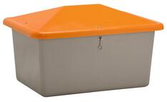 Streugutbehälter 700 l, Außenmaß BxTxH 1340x990x960 mm, ohne Entnahmeöffnung, Korpus grau, Deckel orange