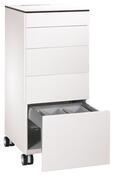 Kühlschrank-Caddy, BxTxH 500x600x1157 mm, Kühlschrank, 3 Schubladen für Besteck + Geschirr, Abfallsammler (1x18 l, 2x8,5 l) RAL 9016 verkehrsweiß
