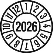 Hinweisschild, Plakette, weiß, Jahr 2026, PVC-Folie, Durchm. 35 mm, VE 10 Stück, Mindestabnahme 10 VE