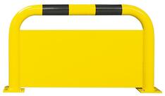 Rammschutz-Bügel, mit Unterfahrschutz, Rundrohr 76/3,0 mm, gebogen, zum Aufdübeln, BxH 1000x600 mm, Innenb., gelb beschichtet mit schwarzen Streifen