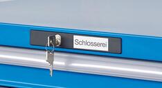 Schubladenschrank, Traglast/Schubl.: 75 kg, 10 Schubl.: 1x50, 5x100, 4x200 mm, Zylinderschloss, BxTxH 1023x725x1450 mm, RAL 5012