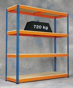 Weitspannregal, 4 Lagerebenen mit Spanplattenboden, BxTxH 2146x469x3048 mm, Fachlast 577 kg, Ständer blau, Traversen orange