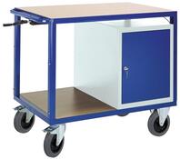 Tischwagen mit 2 Ladeflächen(MDF), höhenverstellbar, fahrbar, 1 Schrank, BxTxH 1160x700x980-1280 mm, RAL 5010/7035