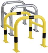 Säulenschutz, Rohrbügel 60 mm, Strebe 48 mm, BxTxH 520x520x600 mm, mit Bodenplatte zum Aufdübeln, gelb beschichtet