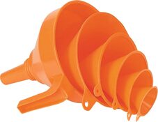 Trichter-Set 6-teillig, von 50-160 mm Durchmesser, Grifflasche, Öl- säure- kraftstoff beständig, Farbe orange, VE 6 Sets