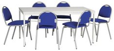Tisch-Stuhl-Set, bestehend aus6 Polsterstühlen, Bezug blau,Gestell alusilber und 1 Tisch, BxT 1600x800 mm, lichtgrau