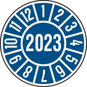 Hinweisschild, Plakette, blau,Jahr 2023, PVC-Folie, Durchm.35 mm, Pack 10 St.