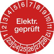 Hinweisschild, Elektr. geprüft2023, PVC-Folie, rot, Durchm.30 mm, Pack 10 St.