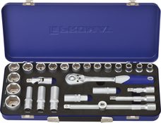 Steckschlüsselsatz, Vierkantantrieb 1/2 Zoll, 27 teilig, Schlüsselweite 10-32 mm, Hebelumschaltknarre 36 Zähne